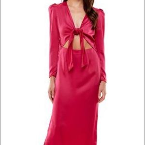 WAYF Poppy Tie Front Long Sleeve Cutout Midi Dress in Berry